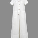 Loose Short Sleeves Buttoned Pockets Solid Color V-Neck Jumpsuits