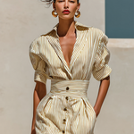 Women's Striped Lapel Short Sleeve Waist Midi Dress