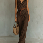 Women's Minimalist Cowl Neck Sleeveless Belted Maxi Dress