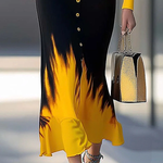 Long Sleeves Puff Sleeves Buttoned Gradient Printed Lapel Maxi Dresses Shirt Dress