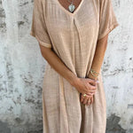 Bayside Bliss Linen Blend Short Sleeve Pleated Loose Midi Dress