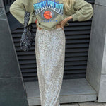 High Waist Sparkle Floor Length Sequin Skirt