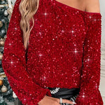Fashionable Sequined Long-sleeved Off-neck Casual Top