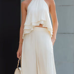 Ethereal White Ruffle Halter Wide-Leg Two-Piece Set
