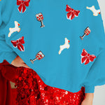 Christmas Bow Wine Glass Sequin Loose Long Sleeve Sweatshirt