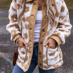 Light French Beige Cute Flower Pattern Button Up Fleece Jacket