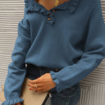 Long Sleeve Button Down Ruffle Knit Pullover Sweater Tops