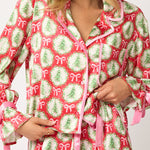 Christmas Printed Velvet Lace-up Long-sleeve Pocket Top and Elastic Waist Wide-leg Pants Set