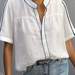 Loose Short Sleeves Buttoned Contrast Color Blouses&Shirts Tops