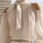 Polka Dot Cold-Shoulder Chiffon Blouse With Scarf Tie