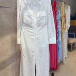 Vivi Embroidered Lace Cutout Long Sleeve Pocket Elastic Waist Loose Shirt Jumpsuit