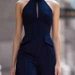 Navy Halter Neck Tailored Wide-Leg Jumpsuit