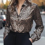 Long Sleeves Loose Buttoned Contrast Color Leopard Lapel Blouses&Shirts Tops