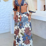 Unique Printed V-Neck Tie Cropped Top and Elastic Waist Casual Maxi Skirt Set