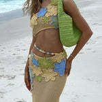 Luxe Knit Crochet Handmade Flower Beaded Waist Stretch Maxi Skirt