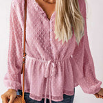 Elegant V-neck Button Tie Waist Polka Dot Blouse