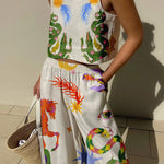 Island Dreaming Linen Blend Unique Print Tank and Elastic Waist Pocketed Pants Set