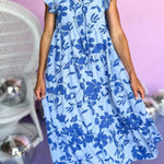 Sky Blue Floral Print Tiered Flutter Sleeve Maxi Dress