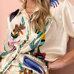 Half Sleeves Loose Buttoned Flower Print Pockets Lapel T-Shirt Top + Drawstring Elasticity Pants Bottom Two Pieces Set