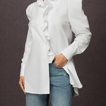 Loose Puff Sleeves Ruffled Solid Color Split-Joint Stand Collar Blouses&Shirts Tops