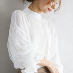 Simple Solid Color Puff Sleeve Mesh Splicing Chiffon Shirt