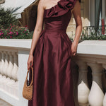 Elegant One-Shoulder Ruffle Midi Dress