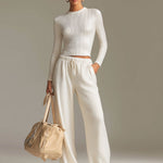 Fashionable Sporty White Knit Ribbed Crew Neck Top And Wide-leg Pants Set