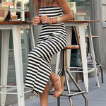 Just Say Yes Striped Off The Shoulder Back Slit Stretch Maxi Dress
