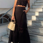 Summer City Hollow Lace Crop Tank and Elastic Waist Pocketed A-line Maxi Skirt Set