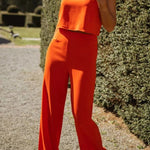 Modern and Elegant Solid Crop Tank and High Rise Flare Loose Pants Set