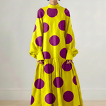 Long Sleeves Loose Big Hemline Contrast Color Pleated Polka Dot Split-Joint Half Turtleneck Maxi Dresses