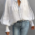 Long Sleeves Loose Buttoned Contrast Color Elasticity Split-Joint Round-Neck Blouses&Shirts Tops