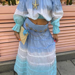 Fashionable Gradient Off Shoulder Long Sleeve Top and Resort Style Spliced Maxi Skirt Set