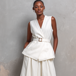 Women's Elegant White Cotton-linen Blend V-neck Sleeveless Top And Skirt Set