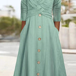Solid Color Long Sleeve V Neck Cross Button Casual Dress