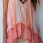 Boho Coral Sunrise Pleated Chiffon Cami Top With Ruffled Hem