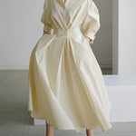 Long Sleeves Loose Buttoned Solid Color Lapel Midi Dresses