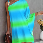 Batwing Sleeves Hollow Printed One-Shoulder Mini Dresses