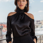 High-Neck Cold-Shoulder Long Sleeve Blouse