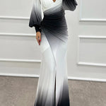 Julieta Gradient Print Boat Neck Off Shoulder Gem Detail Slit Gown Maxi Dress