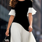 Flared Sleeves Half Sleeves Pleated Split-Joint Round-Neck Midi Dresses