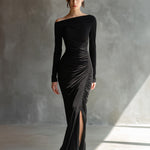 Women's Black Elegant Jersey Off - Shoulder Ruched Slit Maxi Dress