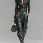Women's Fashion PU Leather Slim Fit Zipper Stand Collar Shirt Pants Set