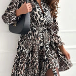 Fashion Leopard Print Long Sleeve Tie Waist Mini Dress
