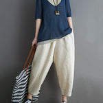 Artistic False Two Loose Ramie Cotton Half Sleeve Shirt
