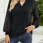 Waffle Grace Stitching Long Sleeve V-Neck T-Shirt Top Women