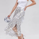 Evening Charm Layered Sequined Tassels High Rise Back Zipper Slit Midi Skirt