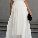 High Neck Sheer Sleeve Pleated Midi Dress