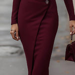 Bodycon High Waisted Buttoned Solid Color V-Neck Midi Dresses