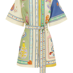 Linen Blend Unique Print Bell Sleeve Belted Pocket Shirt Mini Dress